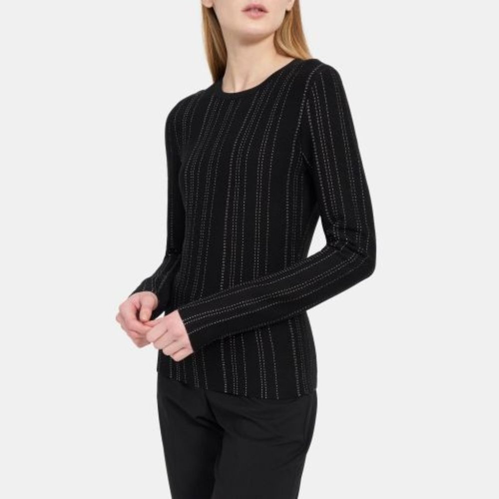 NWT THEORY Slim Crew Pullover Sweater Eggshell Prosecco Black - Picture 1 of 4